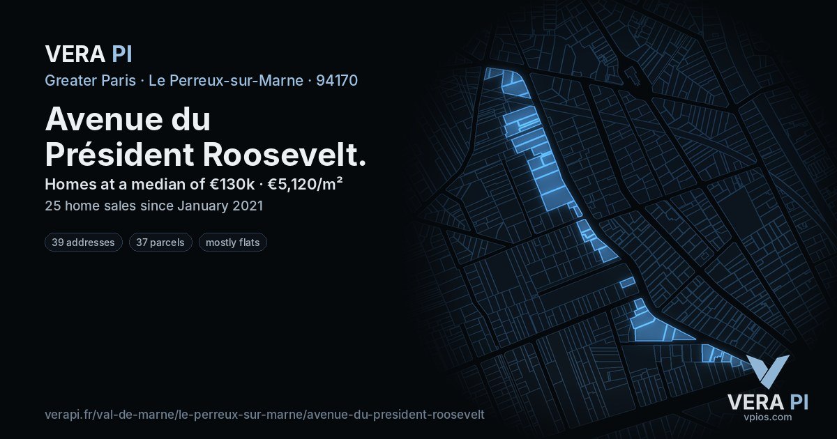 Avenue du Président Roosevelt, Le Perreux-sur-Marne at night – every parcel coloured by the prices around it, the street's own parcels lit