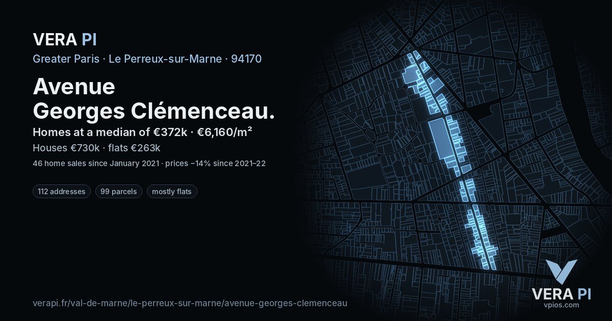 Avenue Georges Clémenceau, Le Perreux-sur-Marne at night – every parcel coloured by the prices around it, the street's own parcels lit