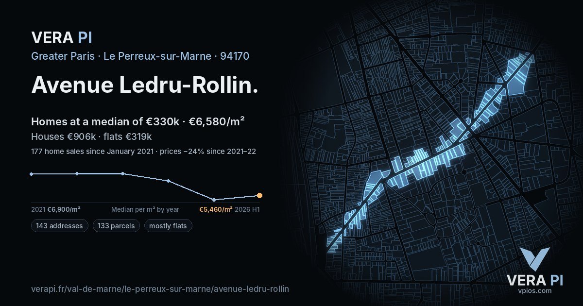 Avenue Ledru-Rollin, Le Perreux-sur-Marne at night – every parcel coloured by the prices around it, the street's own parcels lit