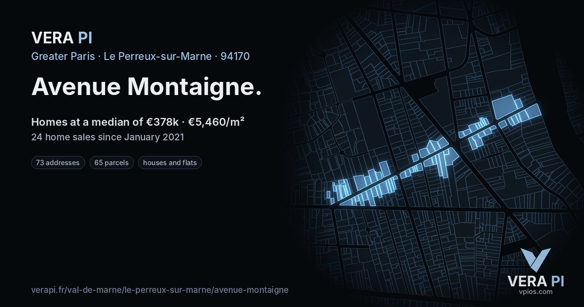 Avenue Montaigne, Le Perreux-sur-Marne at night – every parcel coloured by the prices around it, the street's own parcels lit