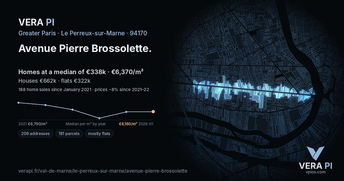Avenue Pierre Brossolette, Le Perreux-sur-Marne at night – every parcel coloured by the prices around it, the street's own parcels lit