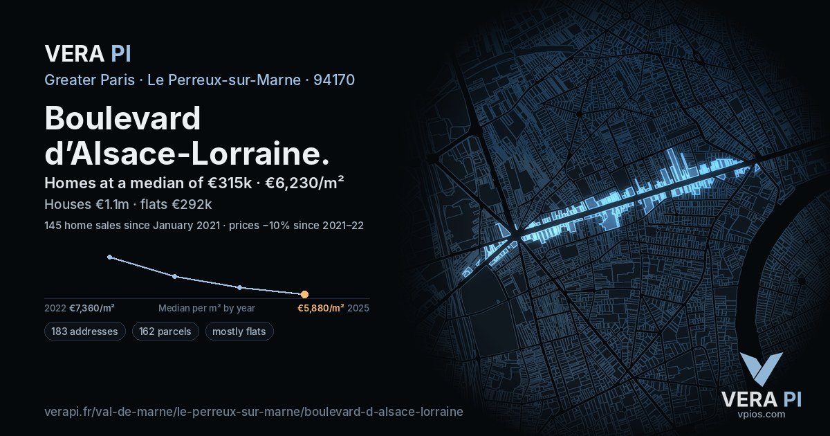 Boulevard d’Alsace-Lorraine, Le Perreux-sur-Marne at night – every parcel coloured by the prices around it, the street's own parcels lit
