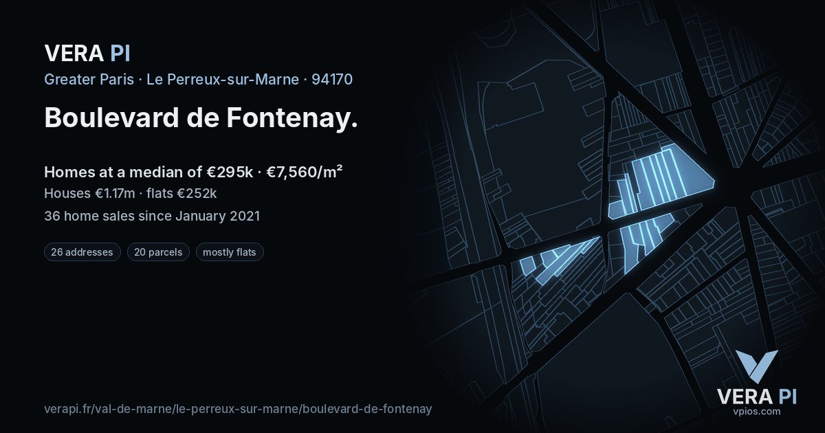 Boulevard de Fontenay, Le Perreux-sur-Marne at night – every parcel coloured by the prices around it, the street's own parcels lit