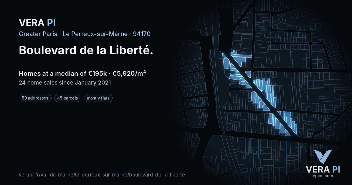 Boulevard de la Liberté, Le Perreux-sur-Marne at night – every parcel coloured by the prices around it, the street's own parcels lit