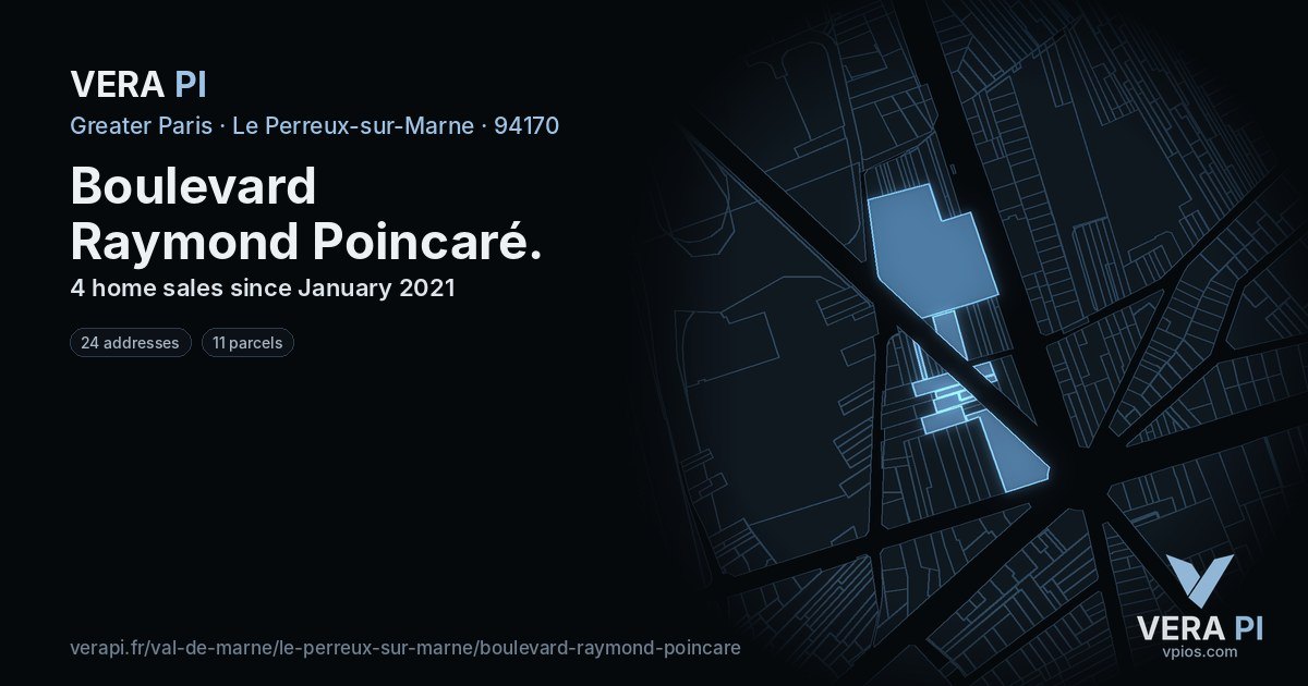 Boulevard Raymond Poincaré, Le Perreux-sur-Marne at night – every parcel coloured by the prices around it, the street's own parcels lit