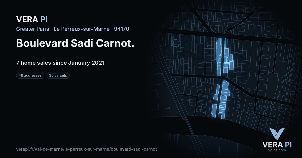 Boulevard Sadi Carnot, Le Perreux-sur-Marne at night – every parcel coloured by the prices around it, the street's own parcels lit