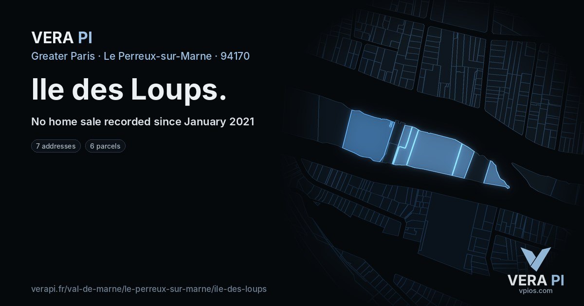 Ile des Loups, Le Perreux-sur-Marne at night – every parcel coloured by the prices around it, the street's own parcels lit