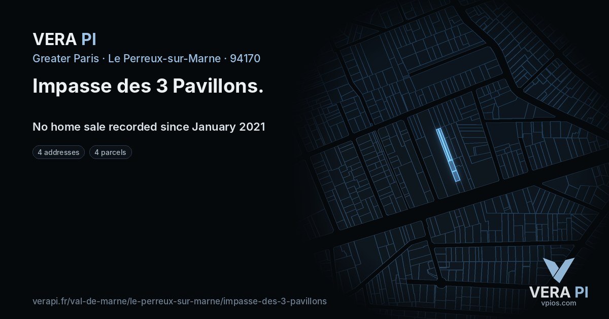 Impasse des 3 Pavillons, Le Perreux-sur-Marne at night – every parcel coloured by the prices around it, the street's own parcels lit