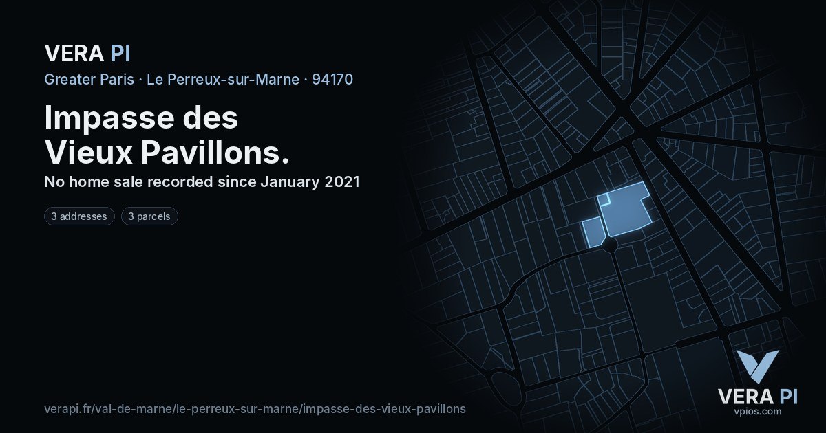 Impasse des Vieux Pavillons, Le Perreux-sur-Marne at night – every parcel coloured by the prices around it, the street's own parcels lit