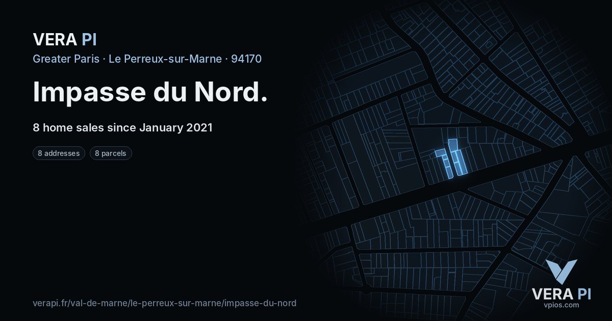 Impasse du Nord, Le Perreux-sur-Marne at night – every parcel coloured by the prices around it, the street's own parcels lit