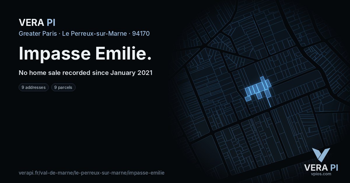 Impasse Emilie, Le Perreux-sur-Marne at night – every parcel coloured by the prices around it, the street's own parcels lit