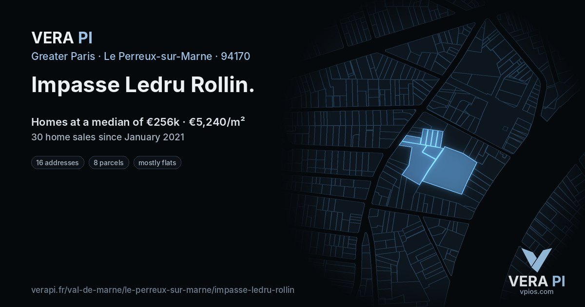 Impasse Ledru Rollin, Le Perreux-sur-Marne at night – every parcel coloured by the prices around it, the street's own parcels lit
