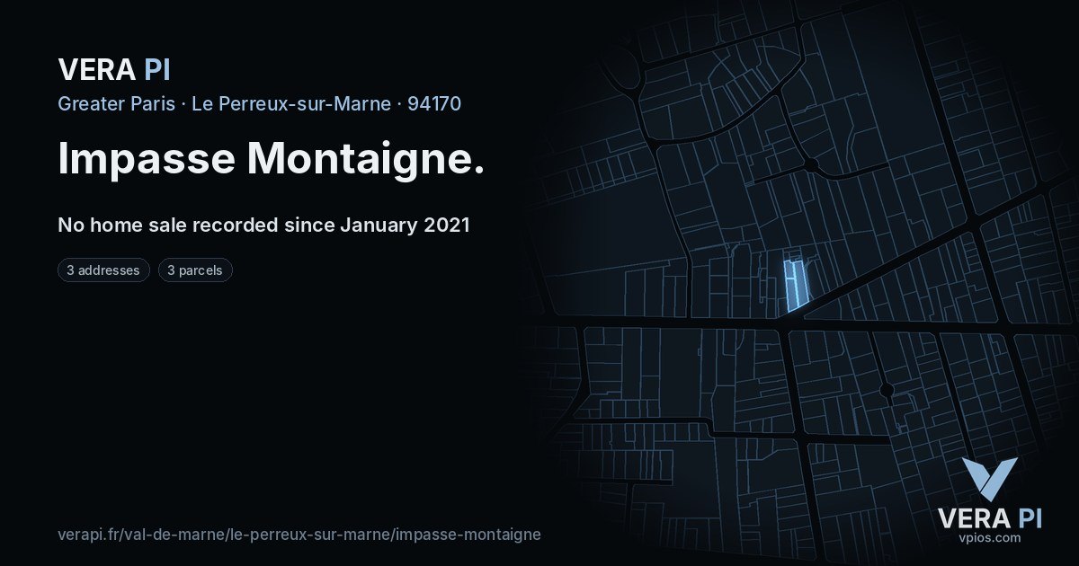 Impasse Montaigne, Le Perreux-sur-Marne at night – every parcel coloured by the prices around it, the street's own parcels lit