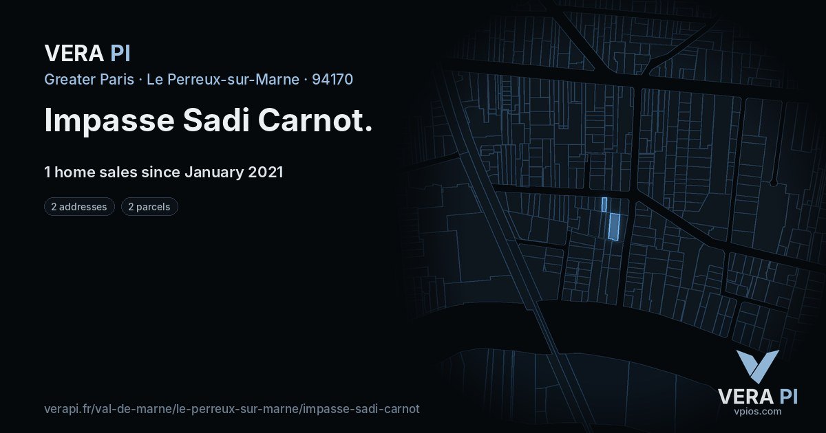 Impasse Sadi Carnot, Le Perreux-sur-Marne at night – every parcel coloured by the prices around it, the street's own parcels lit