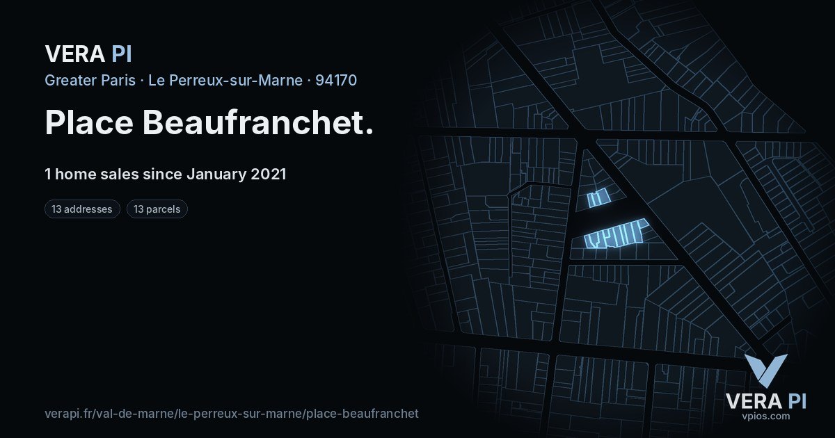 Place Beaufranchet, Le Perreux-sur-Marne at night – every parcel coloured by the prices around it, the street's own parcels lit