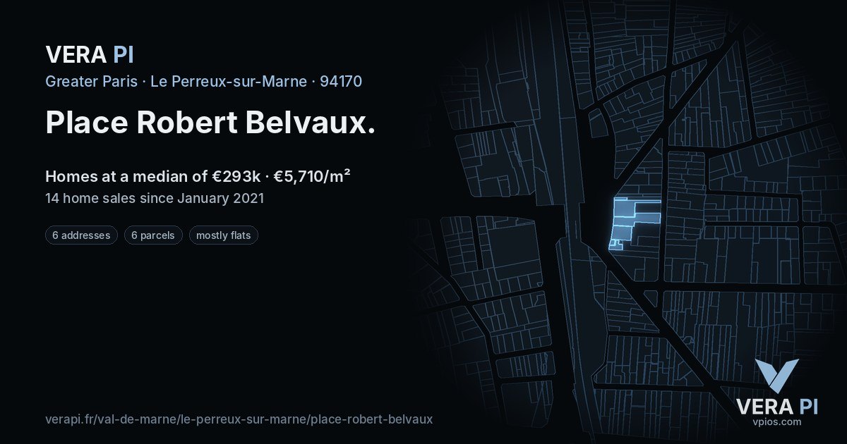 Place Robert Belvaux, Le Perreux-sur-Marne at night – every parcel coloured by the prices around it, the street's own parcels lit