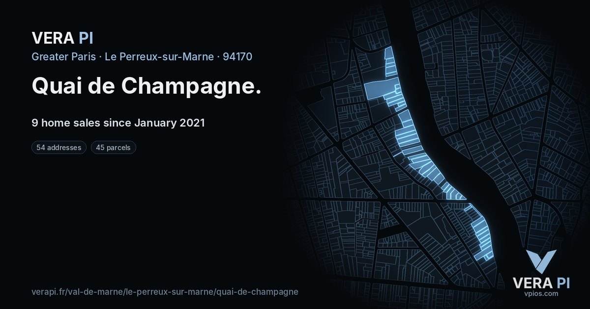 Quai de Champagne, Le Perreux-sur-Marne at night – every parcel coloured by the prices around it, the street's own parcels lit
