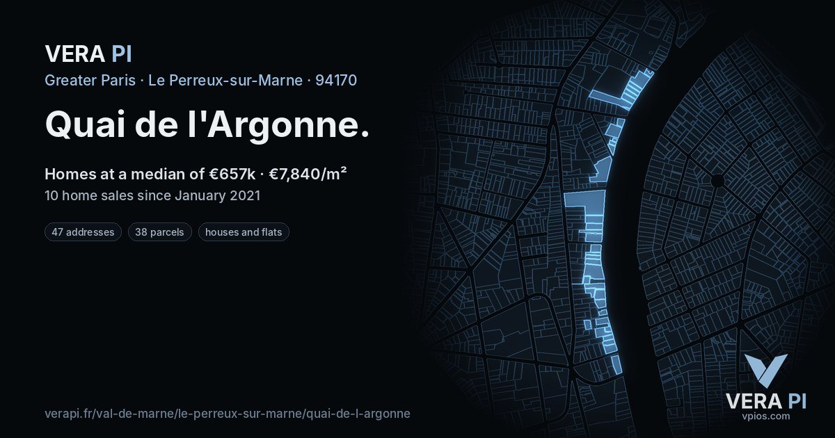 Quai de l'Argonne, Le Perreux-sur-Marne at night – every parcel coloured by the prices around it, the street's own parcels lit