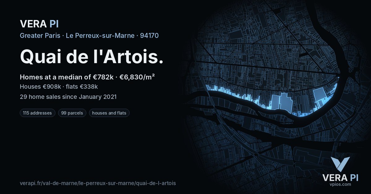 Quai de l'Artois, Le Perreux-sur-Marne at night – every parcel coloured by the prices around it, the street's own parcels lit