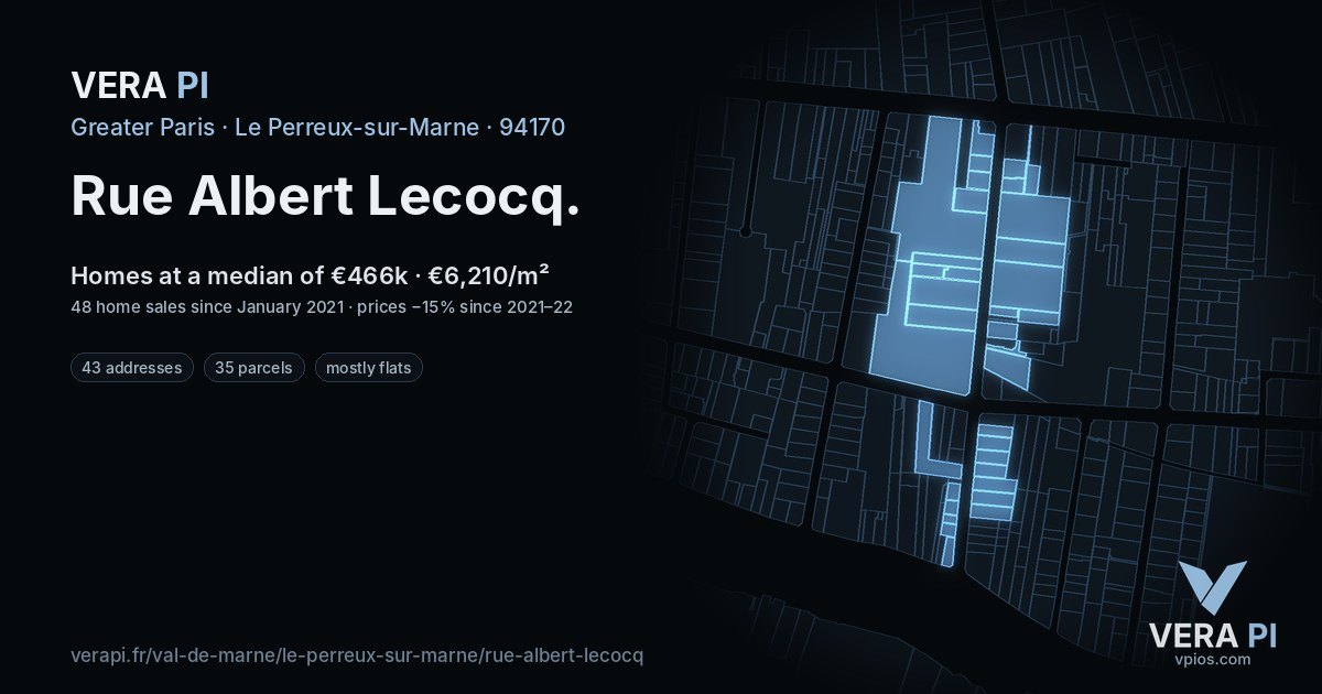 Rue Albert Lecocq, Le Perreux-sur-Marne at night – every parcel coloured by the prices around it, the street's own parcels lit