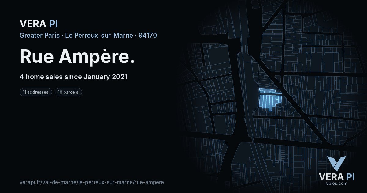 Rue Ampère, Le Perreux-sur-Marne at night – every parcel coloured by the prices around it, the street's own parcels lit