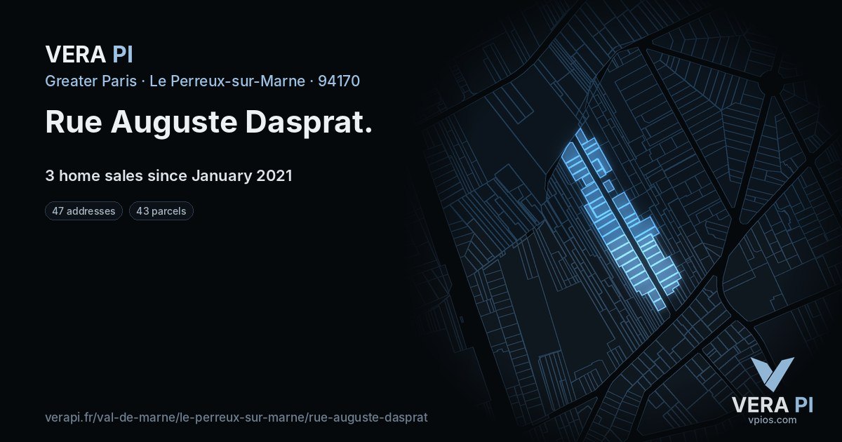 Rue Auguste Dasprat, Le Perreux-sur-Marne at night – every parcel coloured by the prices around it, the street's own parcels lit