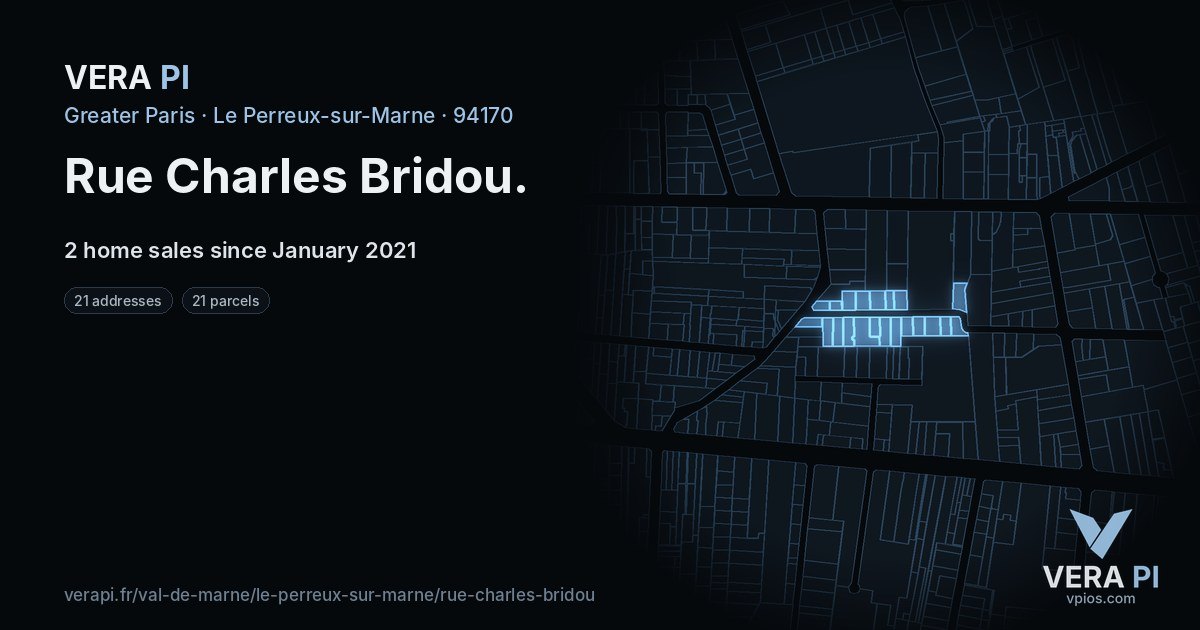 Rue Charles Bridou, Le Perreux-sur-Marne at night – every parcel coloured by the prices around it, the street's own parcels lit