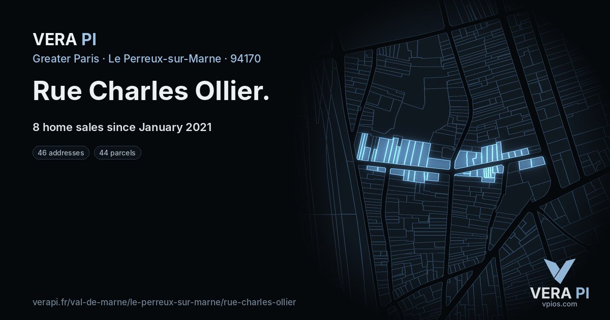Rue Charles Ollier, Le Perreux-sur-Marne at night – every parcel coloured by the prices around it, the street's own parcels lit