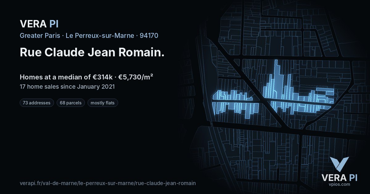 Rue Claude Jean Romain, Le Perreux-sur-Marne at night – every parcel coloured by the prices around it, the street's own parcels lit