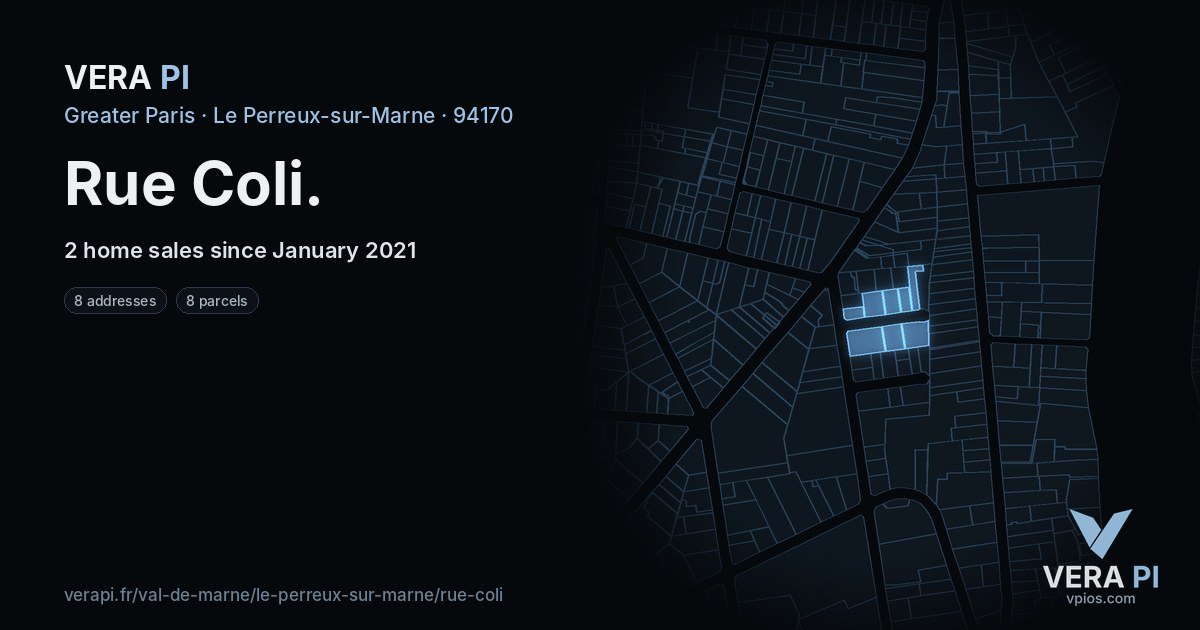Rue Coli, Le Perreux-sur-Marne at night – every parcel coloured by the prices around it, the street's own parcels lit