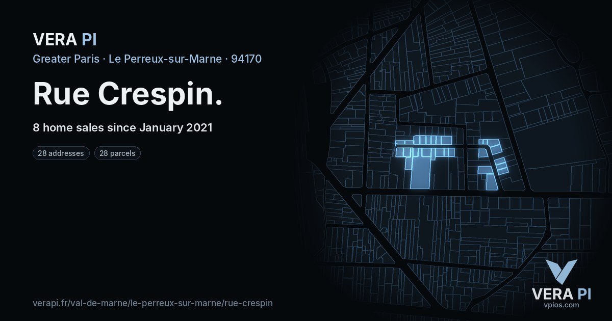 Rue Crespin, Le Perreux-sur-Marne at night – every parcel coloured by the prices around it, the street's own parcels lit