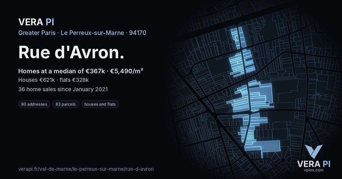 Rue d'Avron, Le Perreux-sur-Marne at night – every parcel coloured by the prices around it, the street's own parcels lit