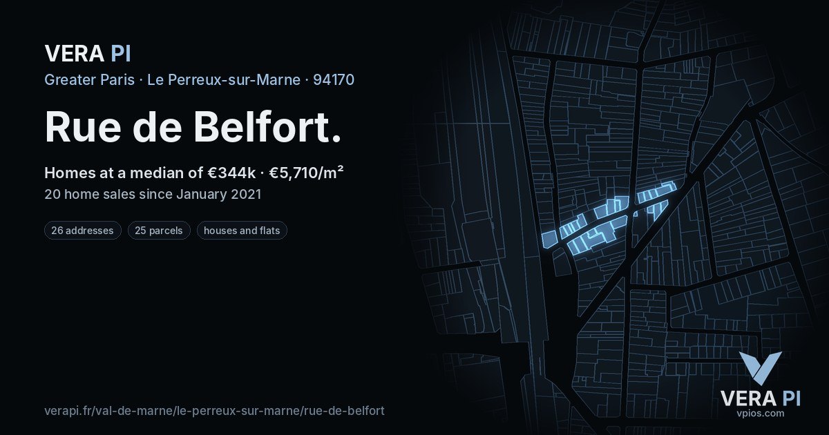 Rue de Belfort, Le Perreux-sur-Marne at night – every parcel coloured by the prices around it, the street's own parcels lit