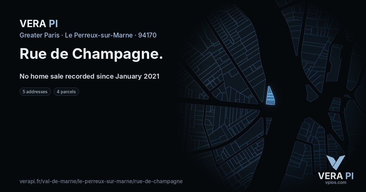 Rue de Champagne, Le Perreux-sur-Marne at night – every parcel coloured by the prices around it, the street's own parcels lit