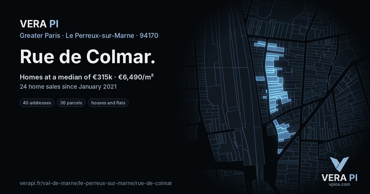 Rue de Colmar, Le Perreux-sur-Marne at night – every parcel coloured by the prices around it, the street's own parcels lit