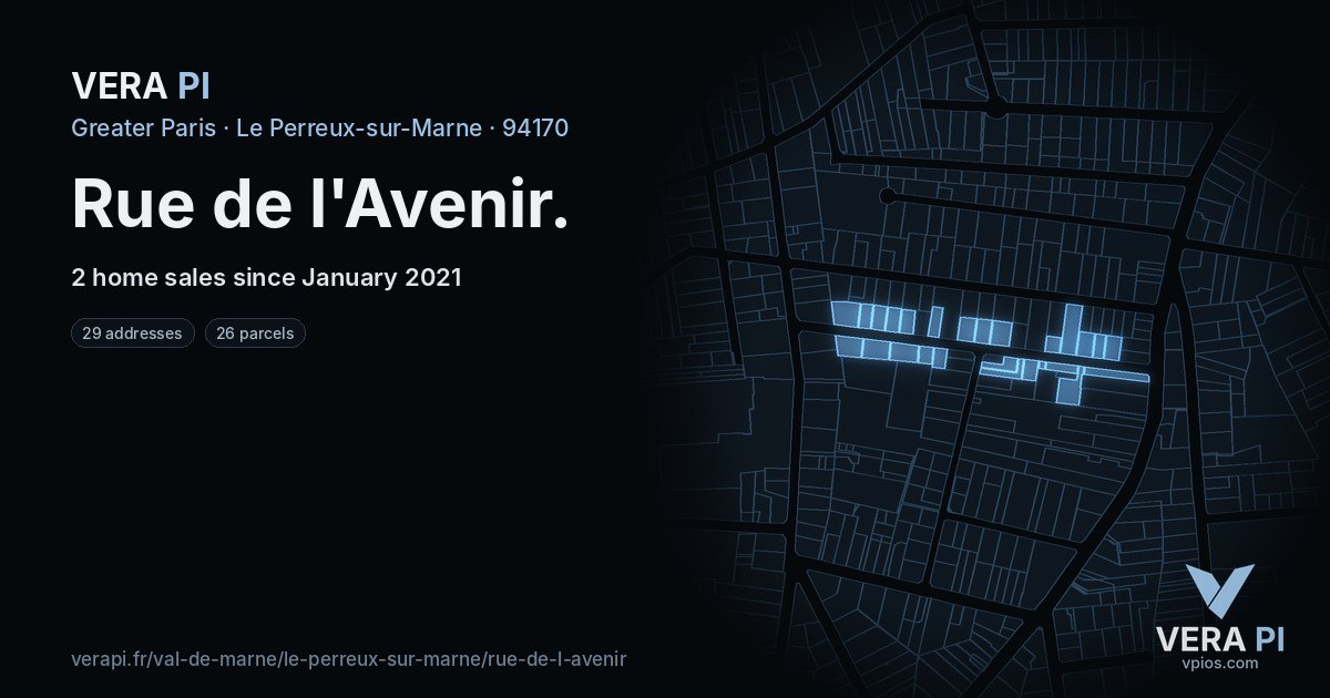 Rue de l'Avenir, Le Perreux-sur-Marne at night – every parcel coloured by the prices around it, the street's own parcels lit