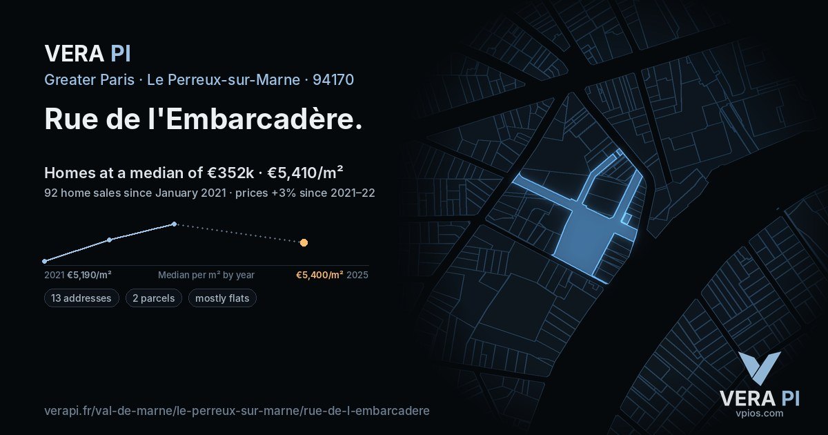 Rue de l'Embarcadère, Le Perreux-sur-Marne at night – every parcel coloured by the prices around it, the street's own parcels lit