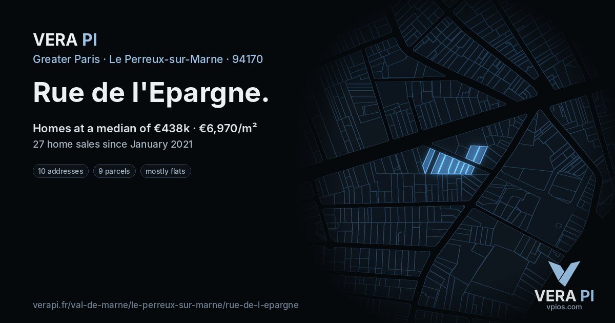 Rue de l'Epargne, Le Perreux-sur-Marne at night – every parcel coloured by the prices around it, the street's own parcels lit