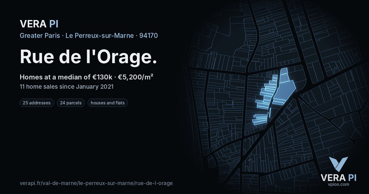 Rue de l'Orage, Le Perreux-sur-Marne at night – every parcel coloured by the prices around it, the street's own parcels lit