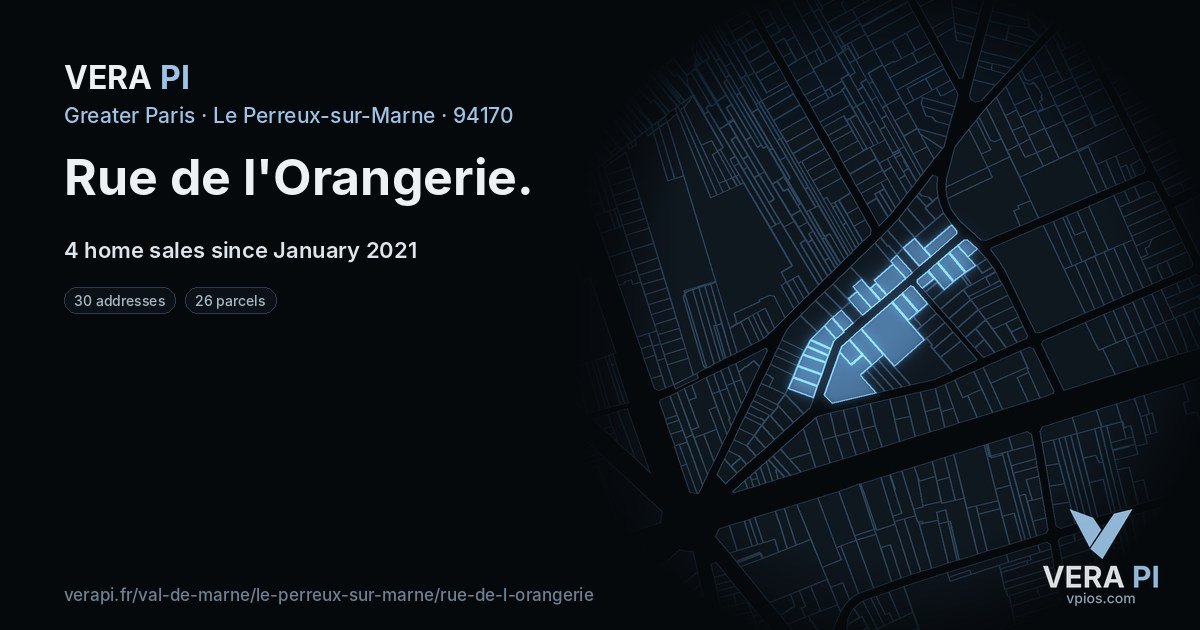 Rue de l'Orangerie, Le Perreux-sur-Marne at night – every parcel coloured by the prices around it, the street's own parcels lit