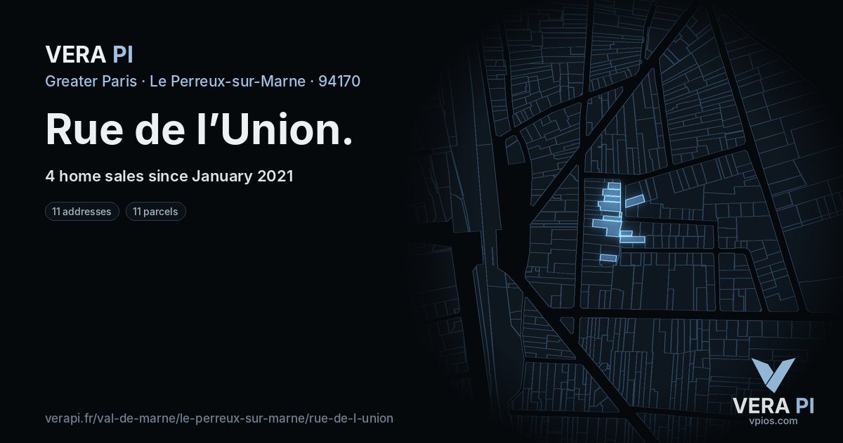 Rue de l’Union, Le Perreux-sur-Marne at night – every parcel coloured by the prices around it, the street's own parcels lit