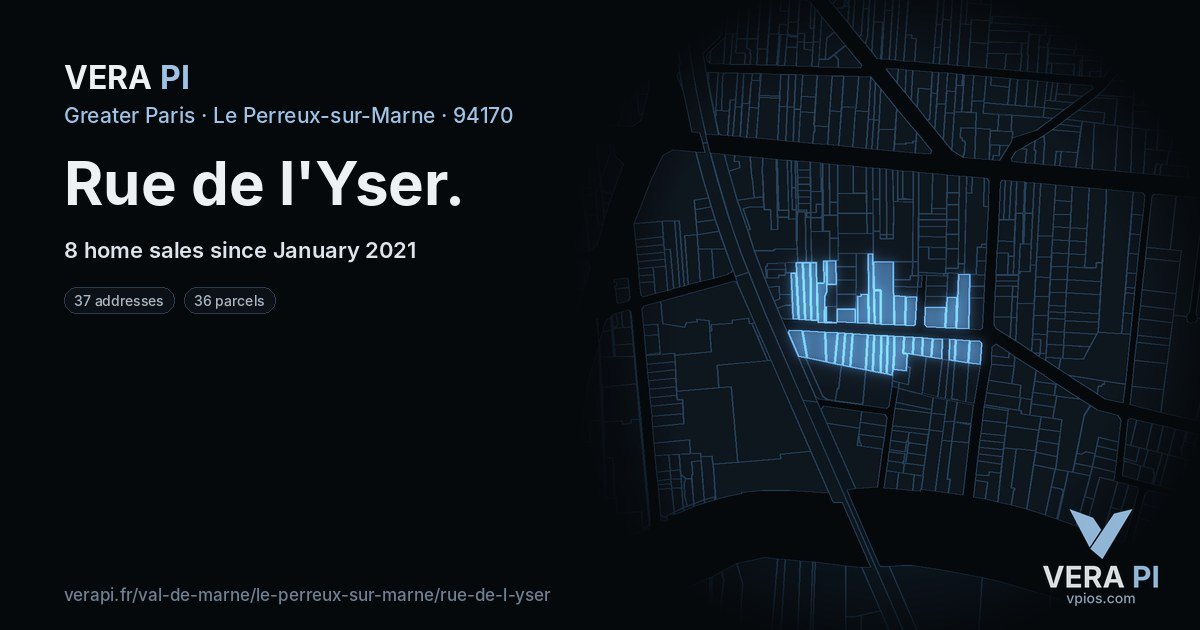 Rue de l'Yser, Le Perreux-sur-Marne at night – every parcel coloured by the prices around it, the street's own parcels lit