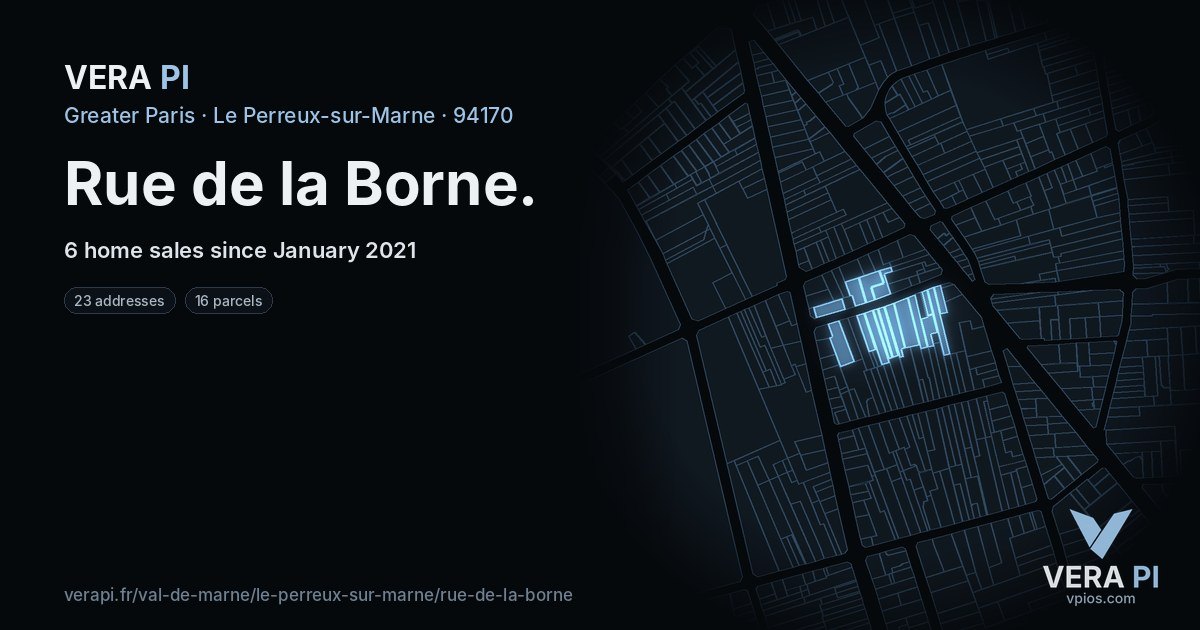 Rue de la Borne, Le Perreux-sur-Marne at night – every parcel coloured by the prices around it, the street's own parcels lit