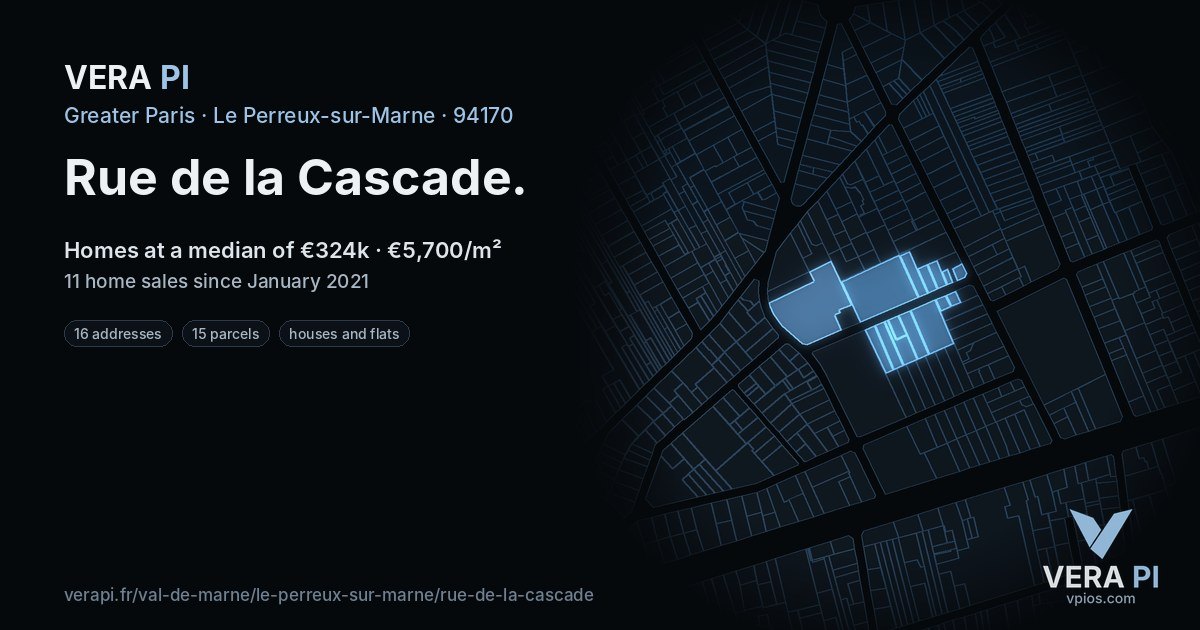Rue de la Cascade, Le Perreux-sur-Marne at night – every parcel coloured by the prices around it, the street's own parcels lit