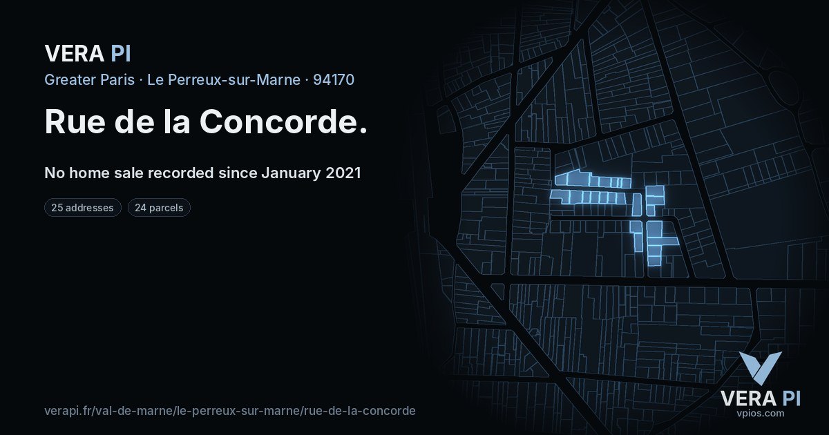 Rue de la Concorde, Le Perreux-sur-Marne at night – every parcel coloured by the prices around it, the street's own parcels lit
