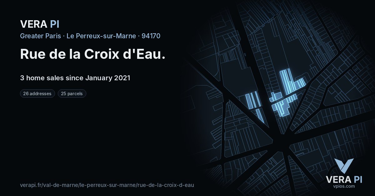 Rue de la Croix d'Eau, Le Perreux-sur-Marne at night – every parcel coloured by the prices around it, the street's own parcels lit