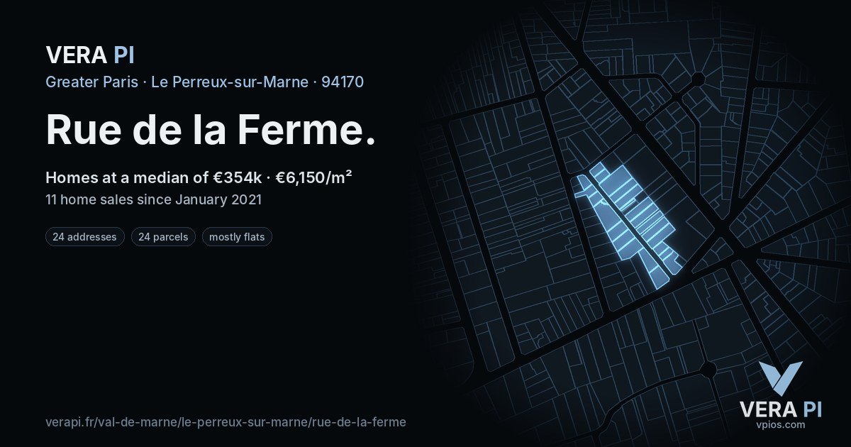 Rue de la Ferme, Le Perreux-sur-Marne at night – every parcel coloured by the prices around it, the street's own parcels lit