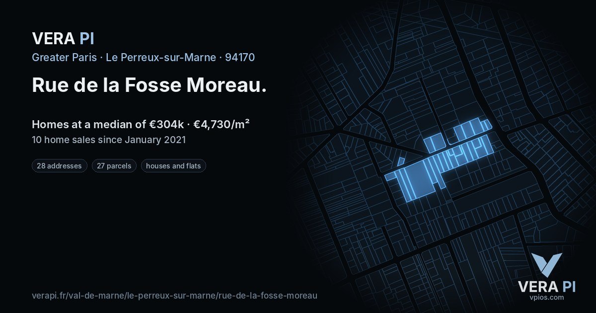Rue de la Fosse Moreau, Le Perreux-sur-Marne at night – every parcel coloured by the prices around it, the street's own parcels lit