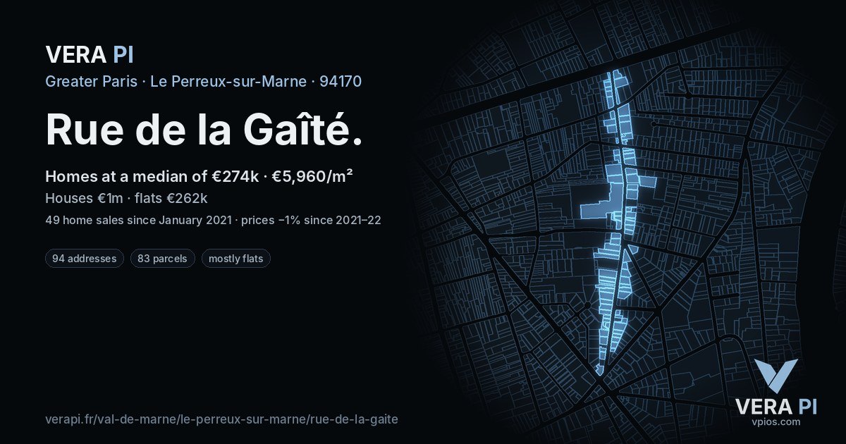 Rue de la Gaîté, Le Perreux-sur-Marne at night – every parcel coloured by the prices around it, the street's own parcels lit