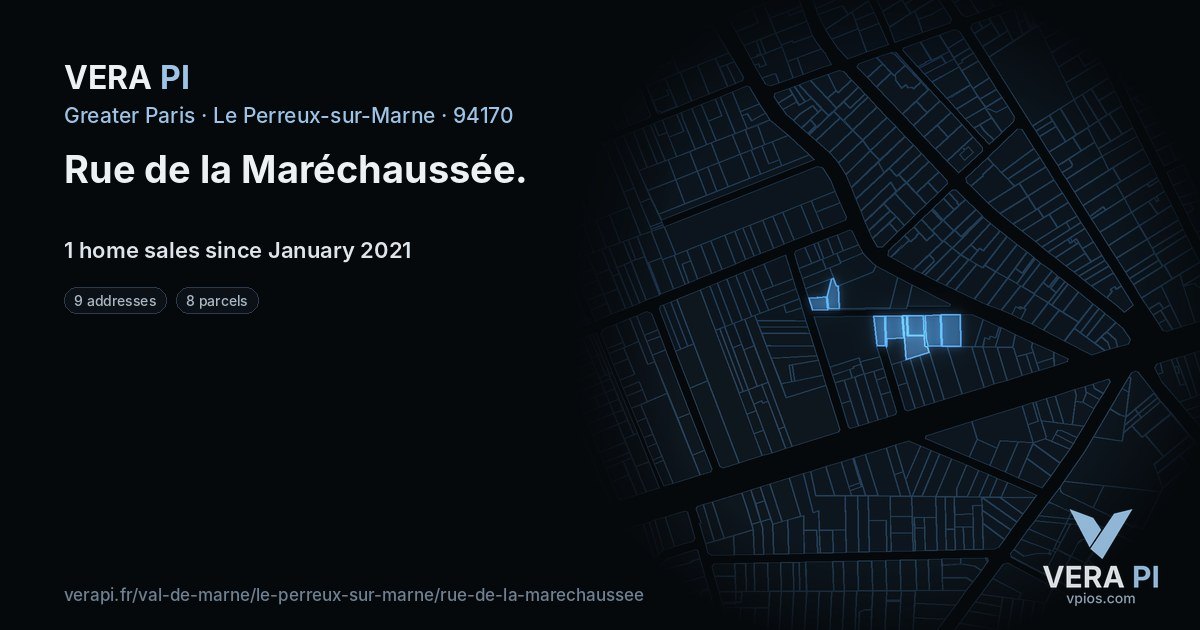 Rue de la Maréchaussée, Le Perreux-sur-Marne at night – every parcel coloured by the prices around it, the street's own parcels lit